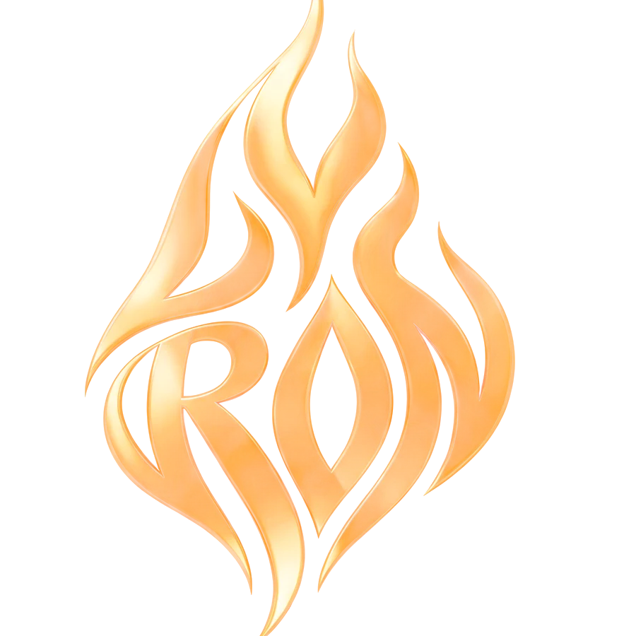 Logo LY RON en lettres de feu dorées